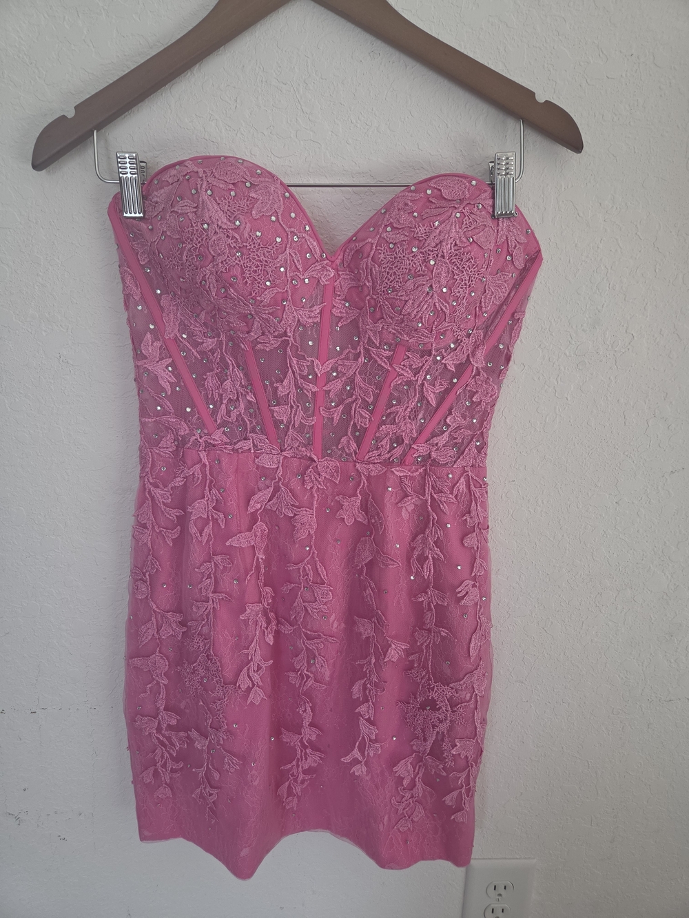 Hot Pink Lace Rhinestone Corset Mini Cocktail Dress Strapless Lace-Up Back 8